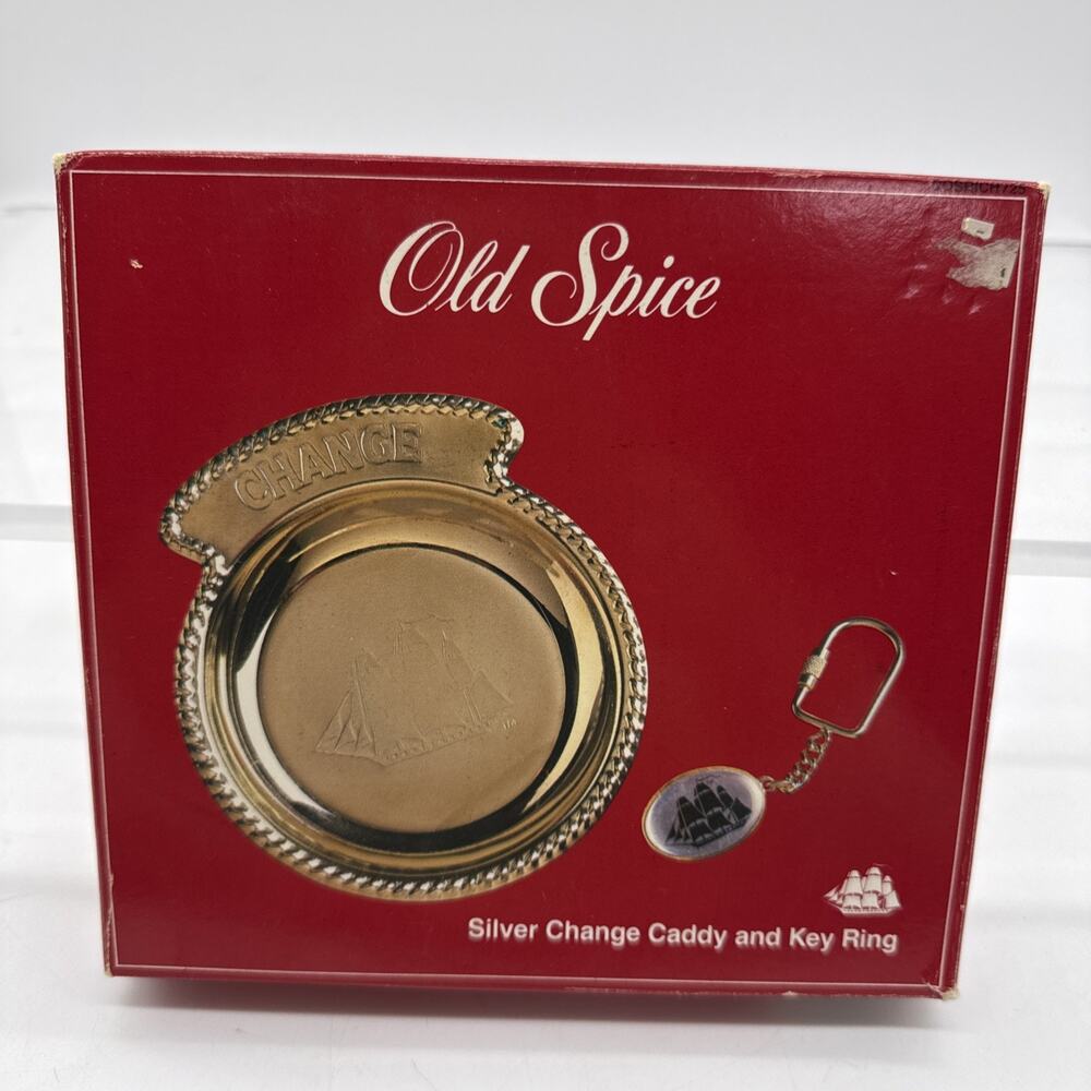 Vintage Old Spice Change Caddy Dish & Key Ring Silver Tone HONG KONG NOS